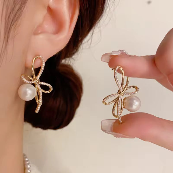French style bow pearl earrings