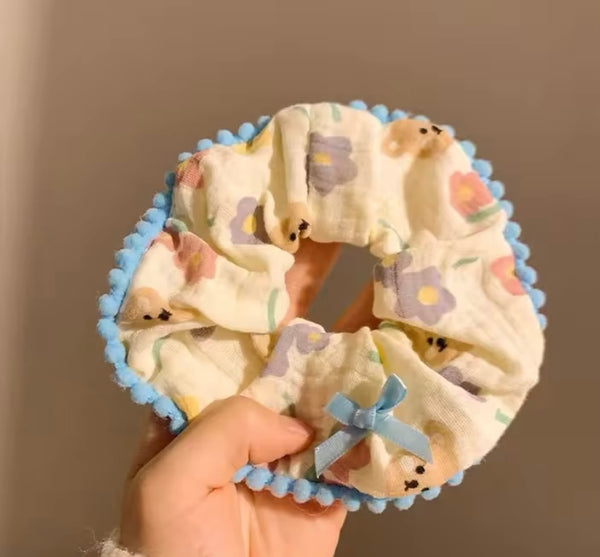 Blue teddy flower hair tie scrunchie