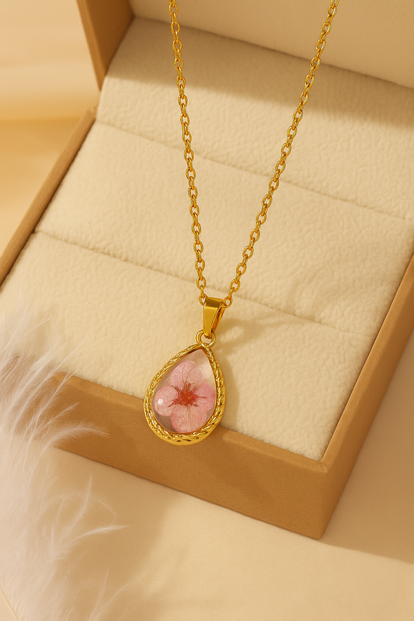 Pink flower stainless steel necklace