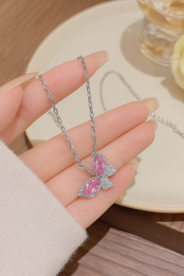 Pink butterfly stainless steel necklace