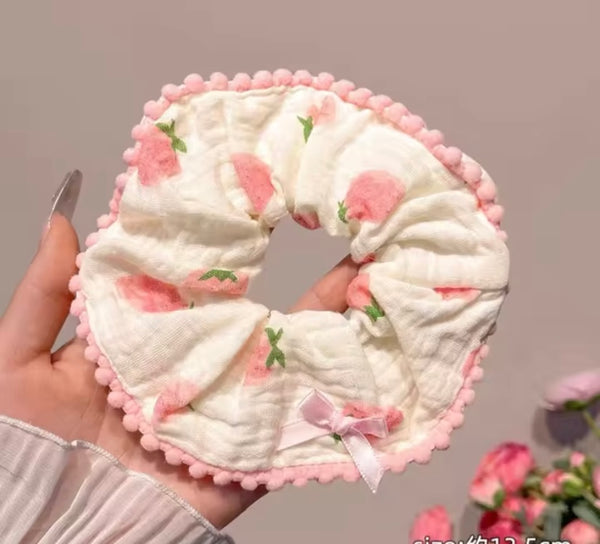 Pink strawberry hair tie scrunchie