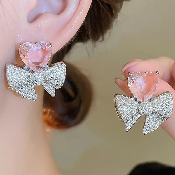 Pink heart bow luxury earrings