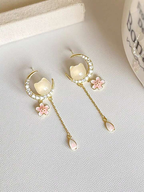 Moon cherry blossom tassel earrings