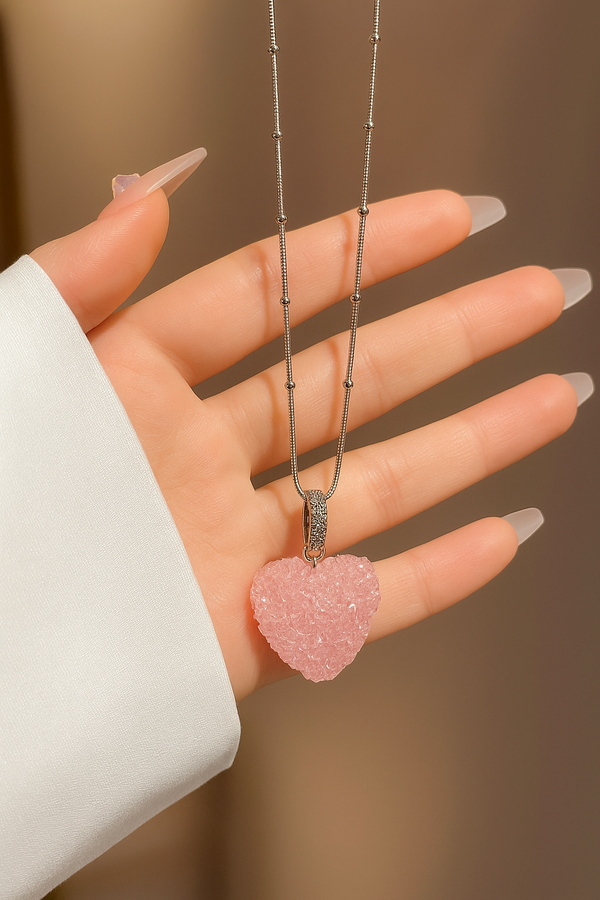 Crystal pink heart stainless steel necklace