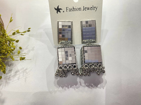 Oxidised Silver Mirror Work Square Jhumka Earrings