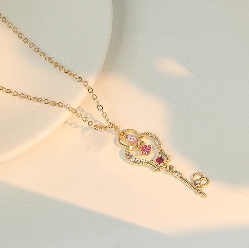 Princess magic wand key pendant with gold plated necklace