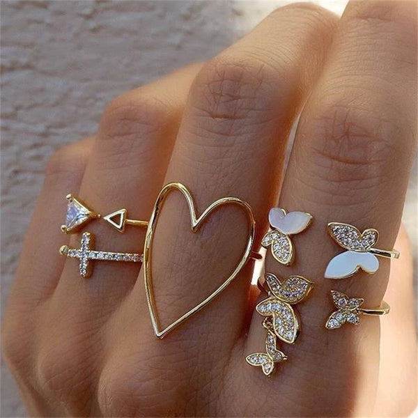 Cute cross heart hollow diamond butterfly ring set-5 pieces