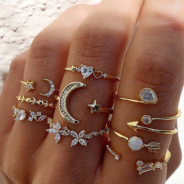 Classic style star moon gold plated rhinestone ring set-9 pieces