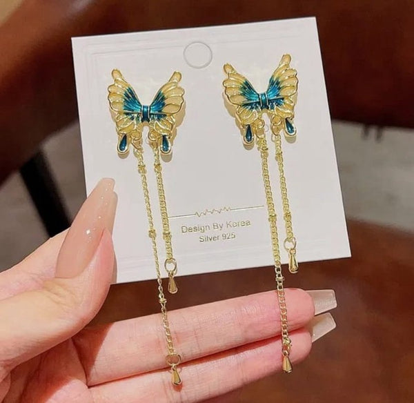 Fairy tale gold plated green butterfly tassel earrings