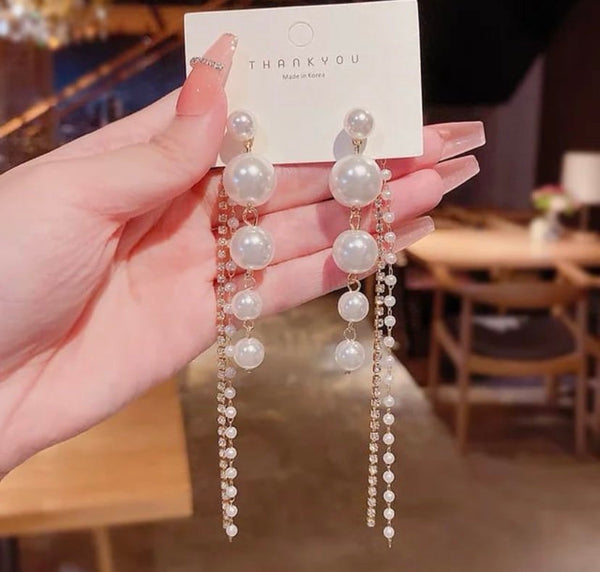 French style pearl with rhinestone tassel earrings