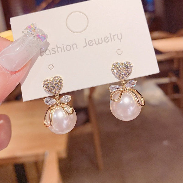 Sweet heart bow knot hanging pearl drop earrings