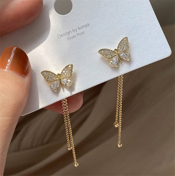 Gold plated 2 in 1 butterfly tassel earrings