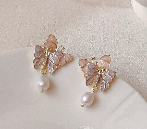 Korean style dual butterfly with hanging pearl drop earrings