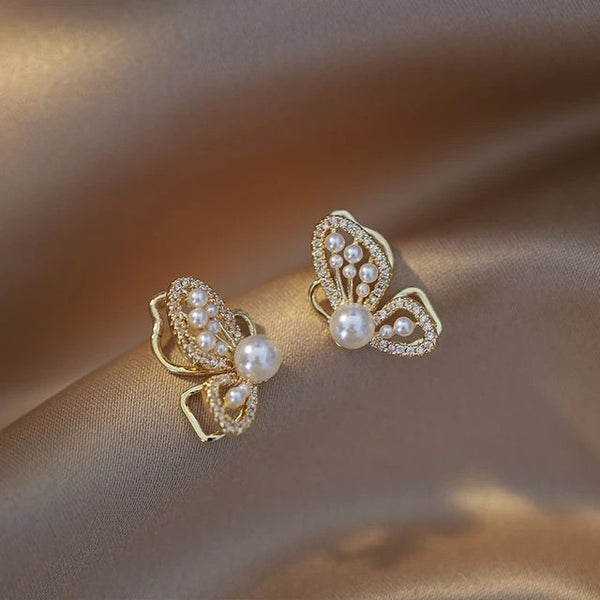 Korean Fashion pearl and zircon Butterfly Gold Color Earrings