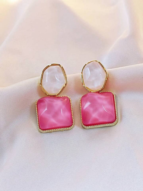 Elegant Korean geometric square white and pink drop earrings