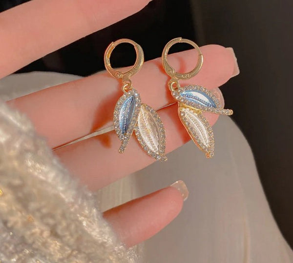 Korean style two leaf alloy diamond drop earrings