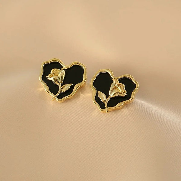 Vintage black &amp; gold love heart with rose earrings