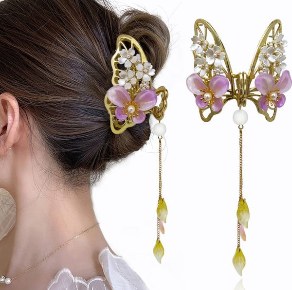 Golden Large Metal Rhinestone Butterfly Floral Tassle Hair Clutcher