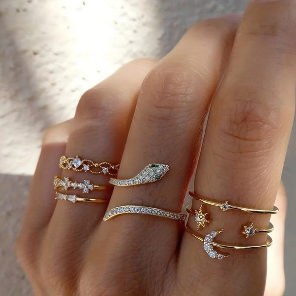 Snake moon gold plated ring set - 7 pcs