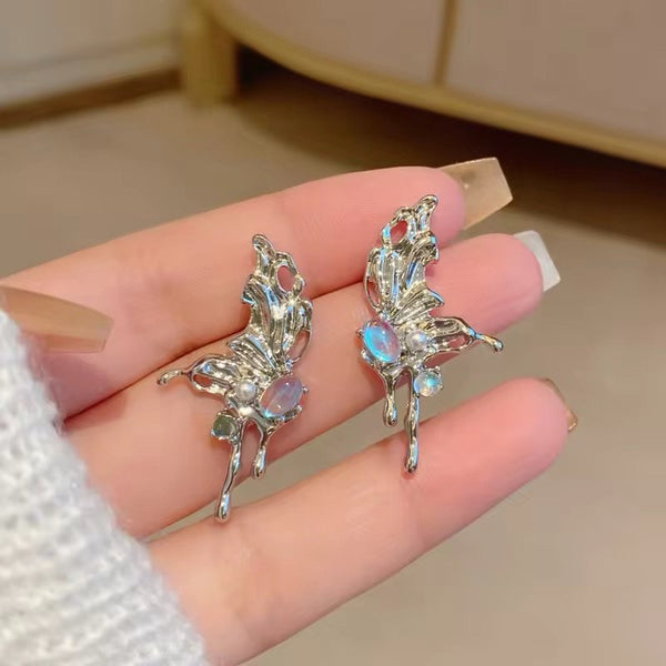 Pair of butterfly wings with moonstone stud earrings