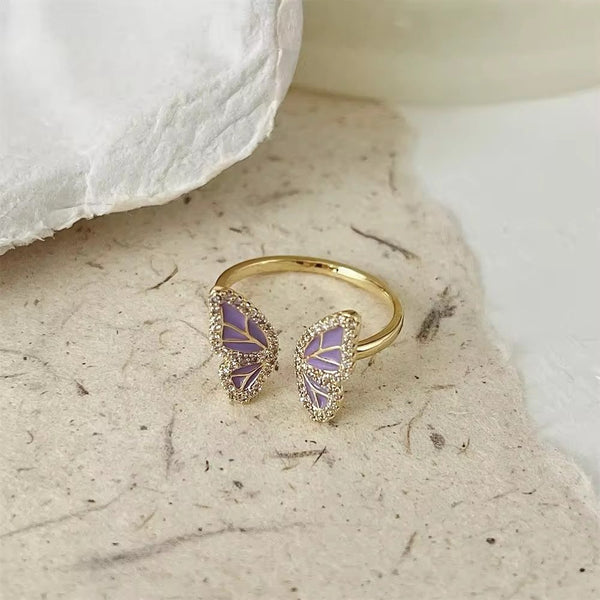 Gold and purple rhinestone butterfly adjustable ring