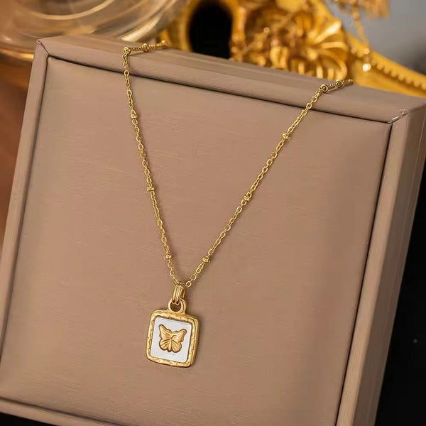 Stainless steel square shell Butterfly necklace