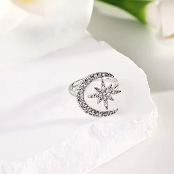 Silver star and moon ring