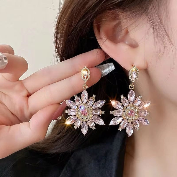 Korean style pink crystal flowers drop earrings