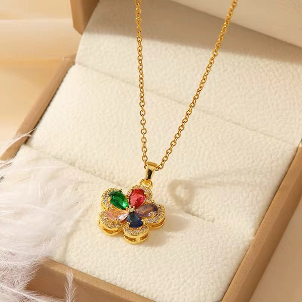 Stainless steel multicolour AD stone flower necklace