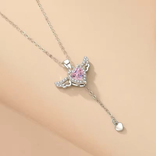 Stainless steel angel wings pink heart necklace