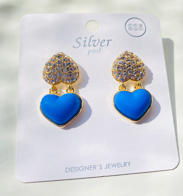 Blue heart with rhinestone earrings