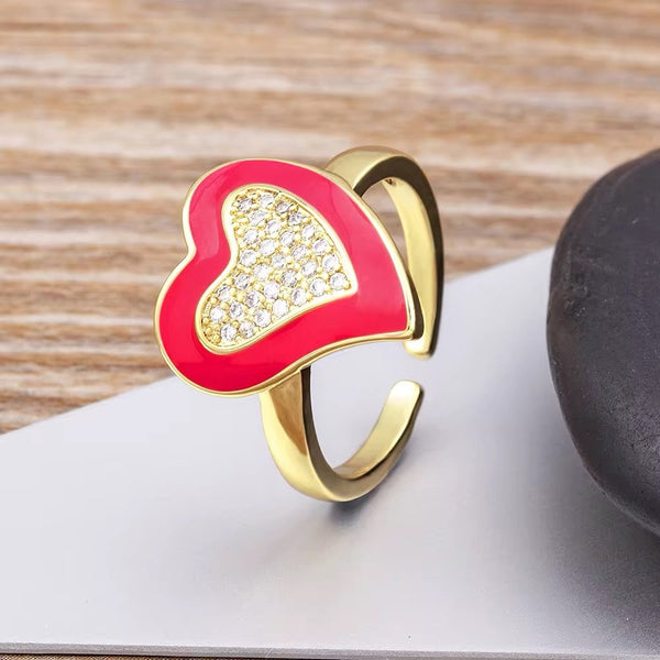 Pink enamel heart zircon adjustable ring