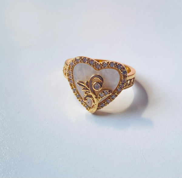 Vintage white heart adjustable ring