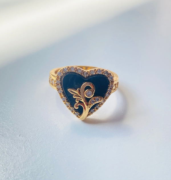 Vintage black heart rhinestone ring