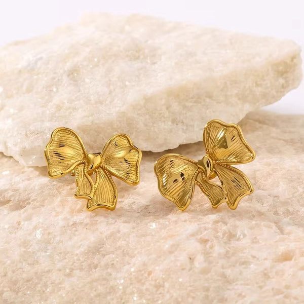 Stainless steel ribbon bow knot stud earrings