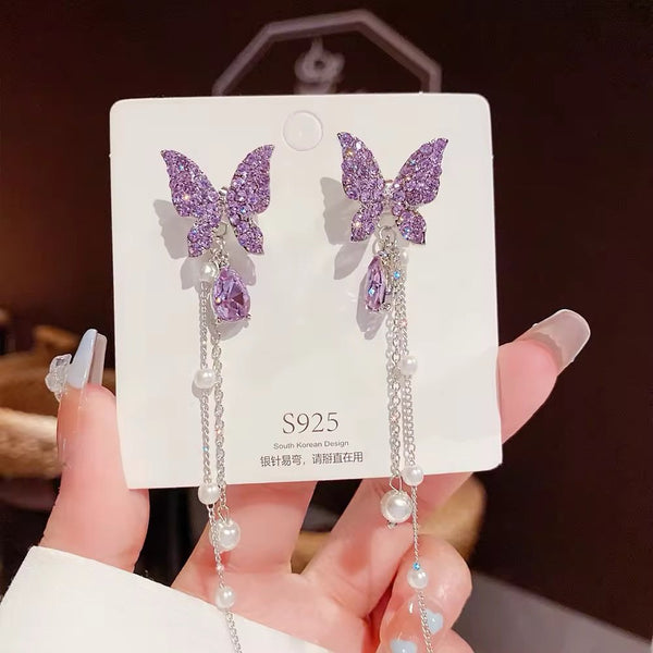 Purple Butterfly 2 in 1 tassel earrings