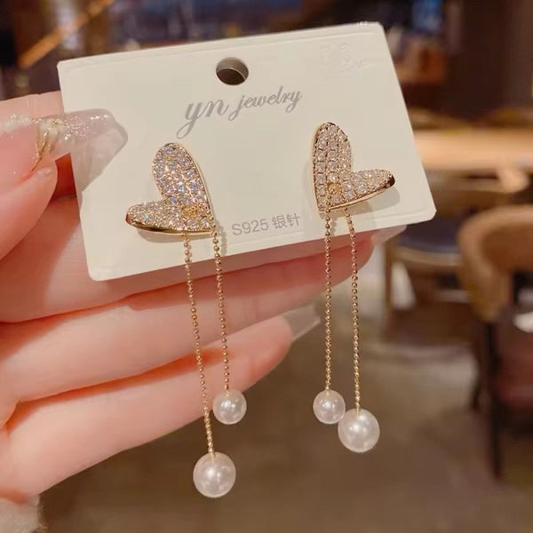 Love heart pearl chain tassel earrings