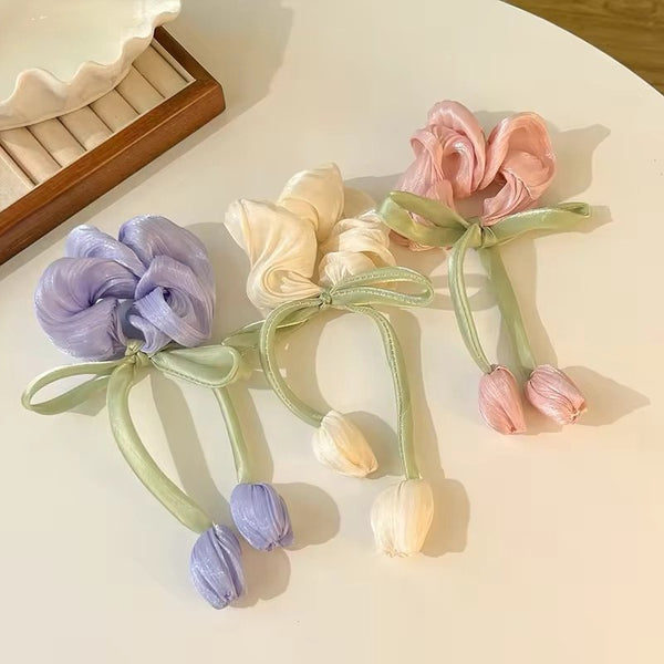 Trending tulip hanging hair scrunchie