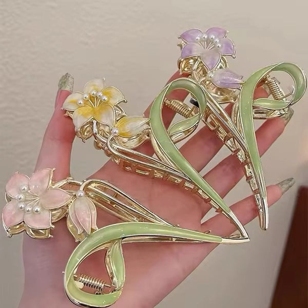 Enamel floral pearl metal claw clips