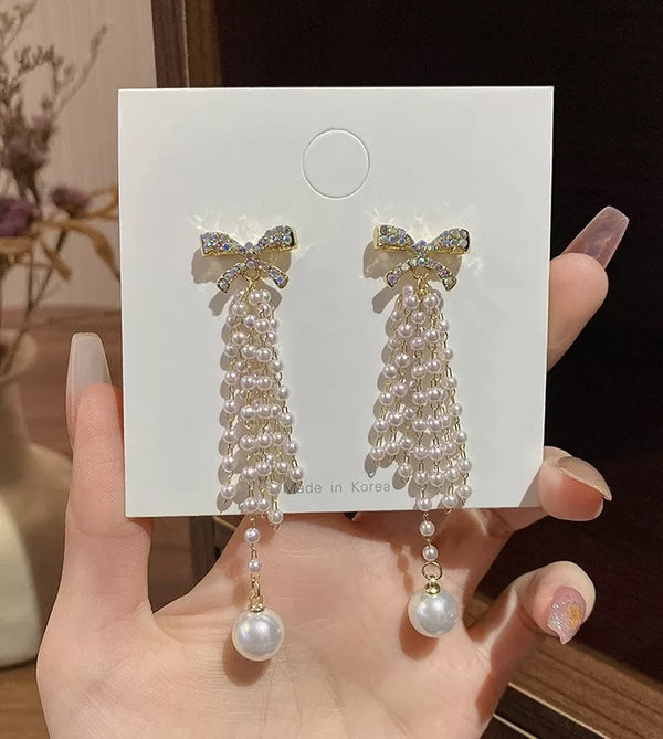 Simple style bow knot pearl alloy rhinestone drop earrings