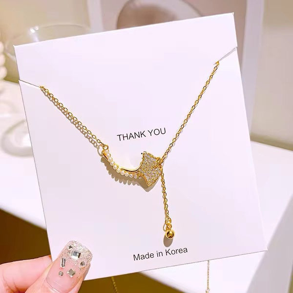 Stainless steel ginkgo leaf pearl necklace