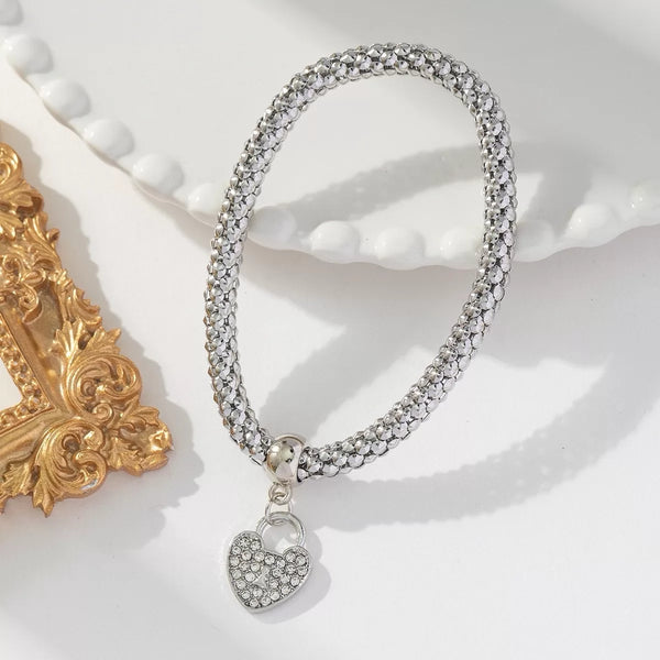 Korean style heart shape rhinestones charm with alloy plated bracelet