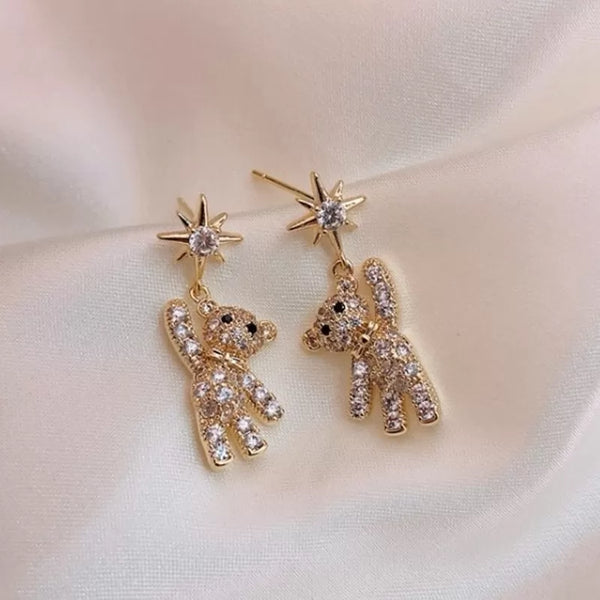 Korean style bear alloy artificial gemstone drop earrings