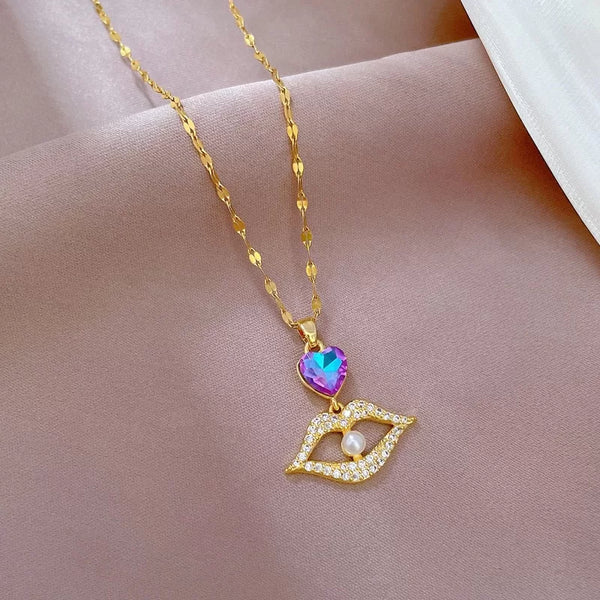 Rhinestone lips pearl charm with gold necklace