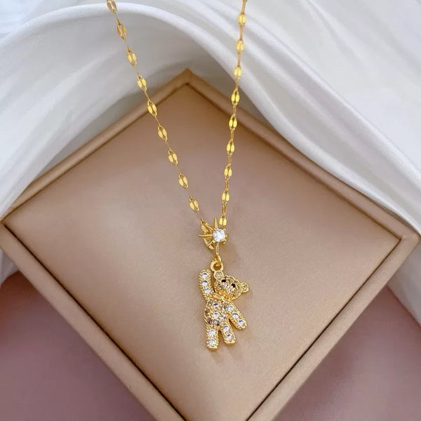 Cute Gold bear AD stone with gold plated necklace