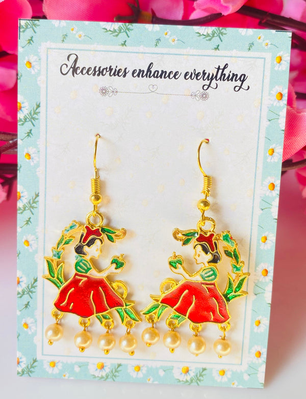 Gold plated multicolour Snow White with hanging pearls hoop earrings