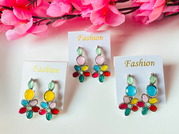 Oxidised metal with multicolour stone flower drop earrings