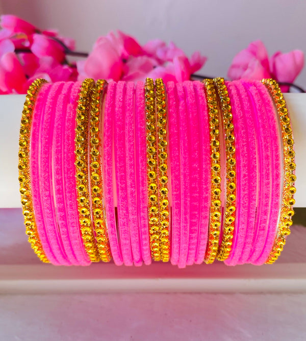 Two dozen velvet glass bangles with gold bangles light pink(24 bangles)