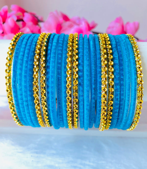 Two dozen velvet glass bangles with gold bangles light blue(24 bangles)