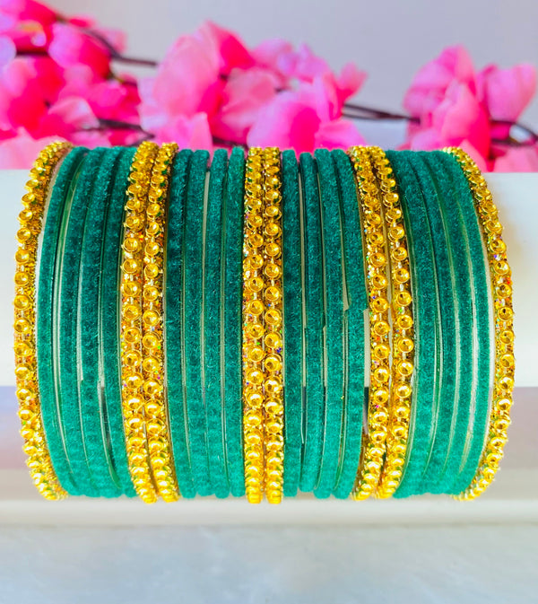 Two dozen velvet glass bangles with gold bangles dark green(24 bangles)